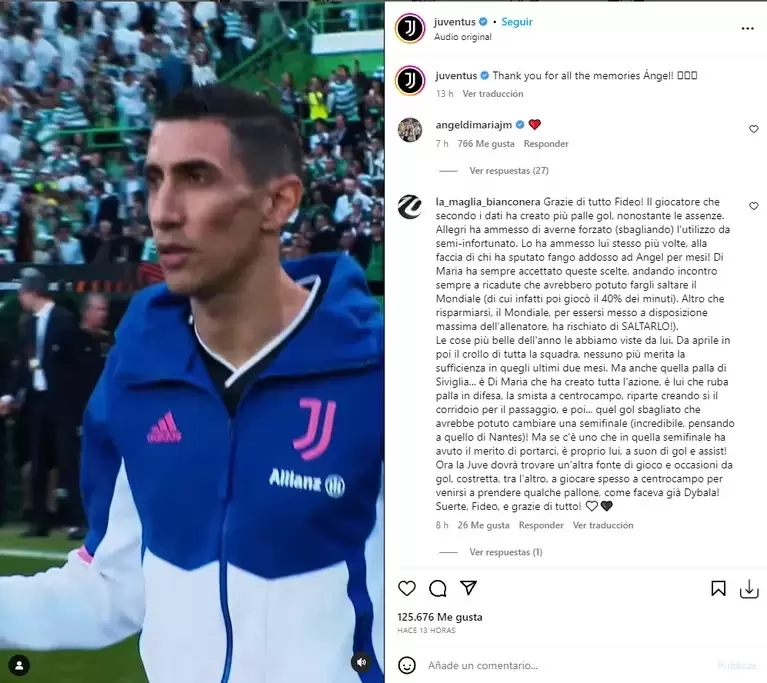 El discreto posteo con el que la Juventus se despidi de ngel Di Mara (Fuente: Instagram @juventus)