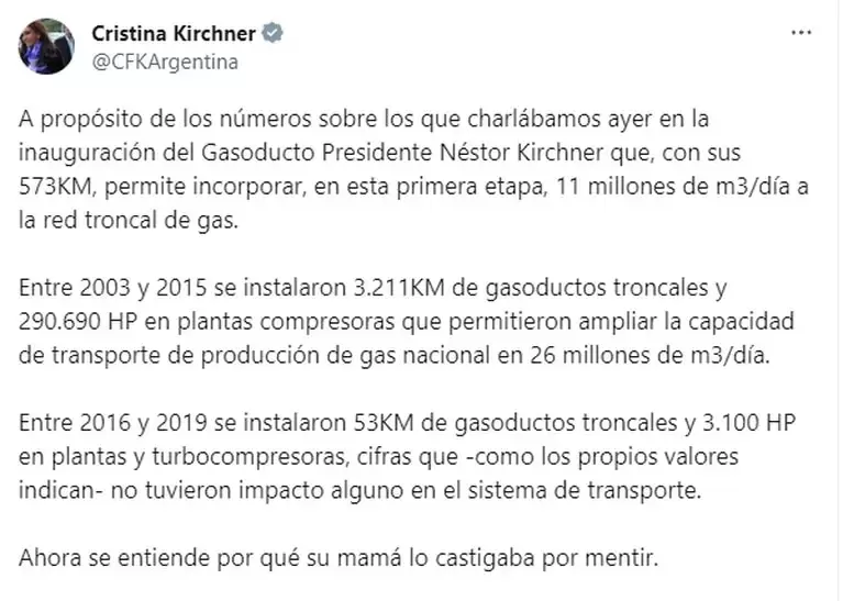 La Vicepresidenta cruz a Mauricio Macri por su crtica al Gasoducto Nstor Kirchner. (Foto: Captura Twitter/CFKArgentina)
