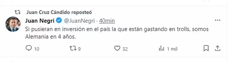 Juan Cruz Cándido reposteó un tuit contra el gobierno de Javier Milei. (Foto: captura de X).