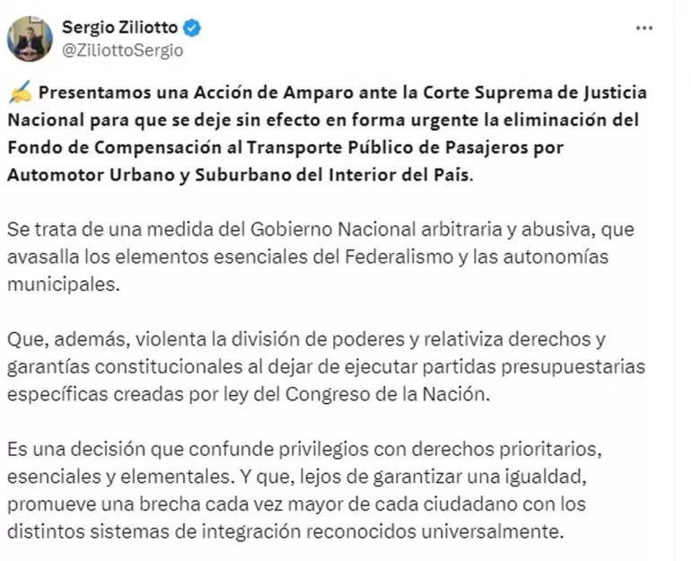 Sergio Ziliotto, hizo este viernes una presentacin judicial para dejar sin efecto la eliminacin del Fondo Compensador al Transporte