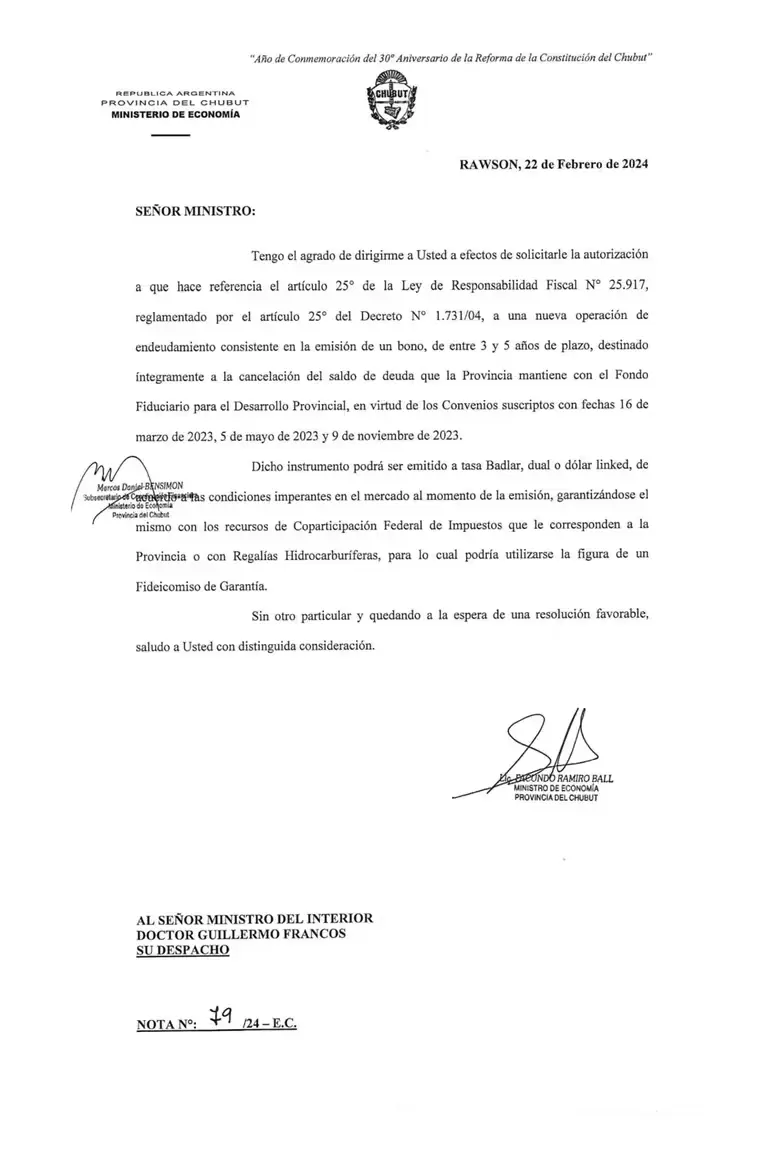 La carta enviada por el Gobierno de Chubut a Nacin para cancelar deuda