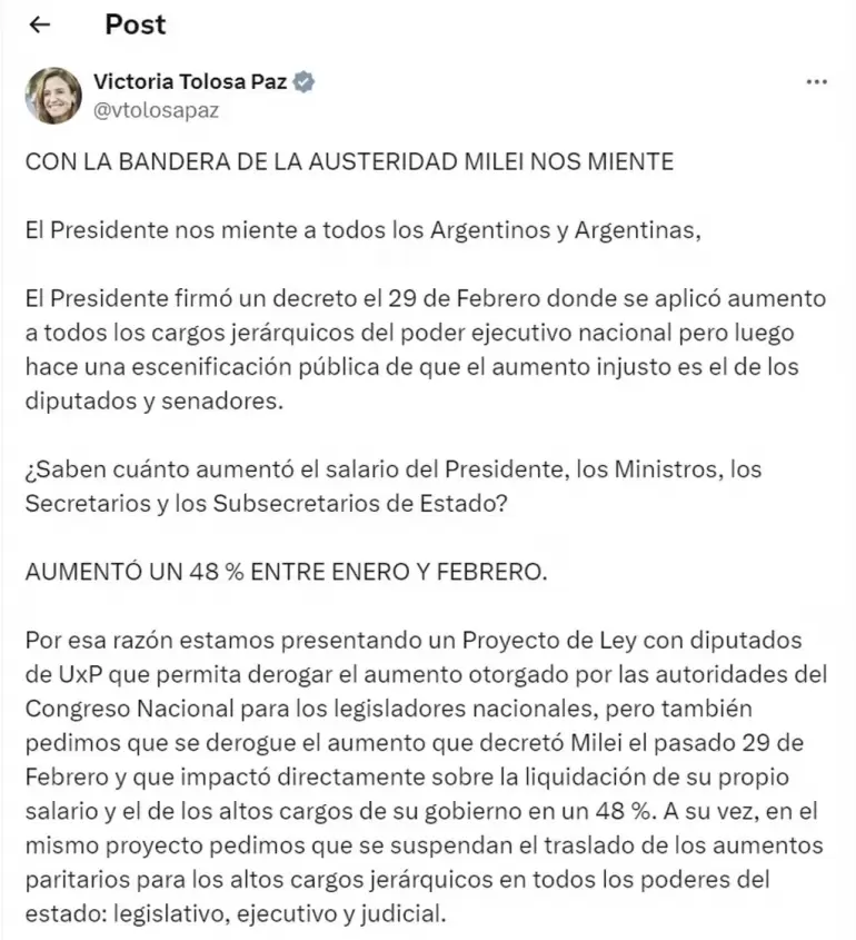 Victoria Tolosa Paz acus al Presidente de haber firmado un decreto el 29 de febrero en el que aplic un incremento de su salario